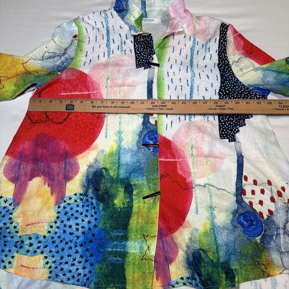 Creation Art Attack Womens L Blouse 3/4 Sleeve Toggle Button Wire Collar Top EUC - Picture 4 of 11